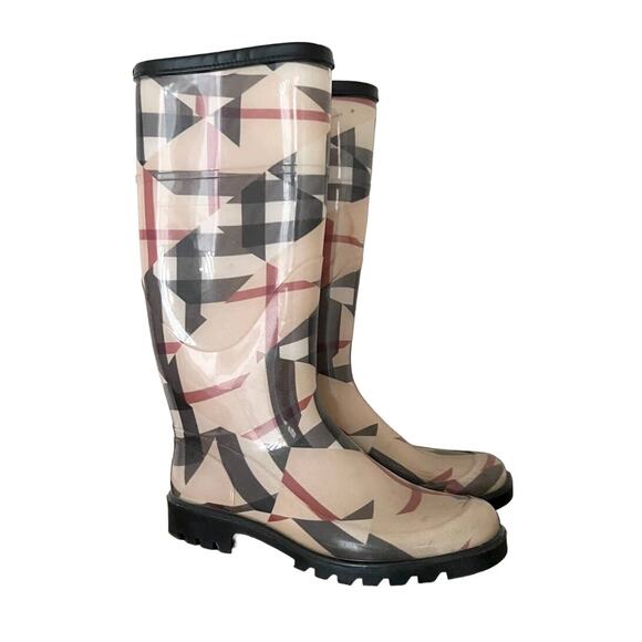 Burberry Round Toe Rubber Rain Boots Beige Women's Size 35 / 5 - Picture 1 of 16
